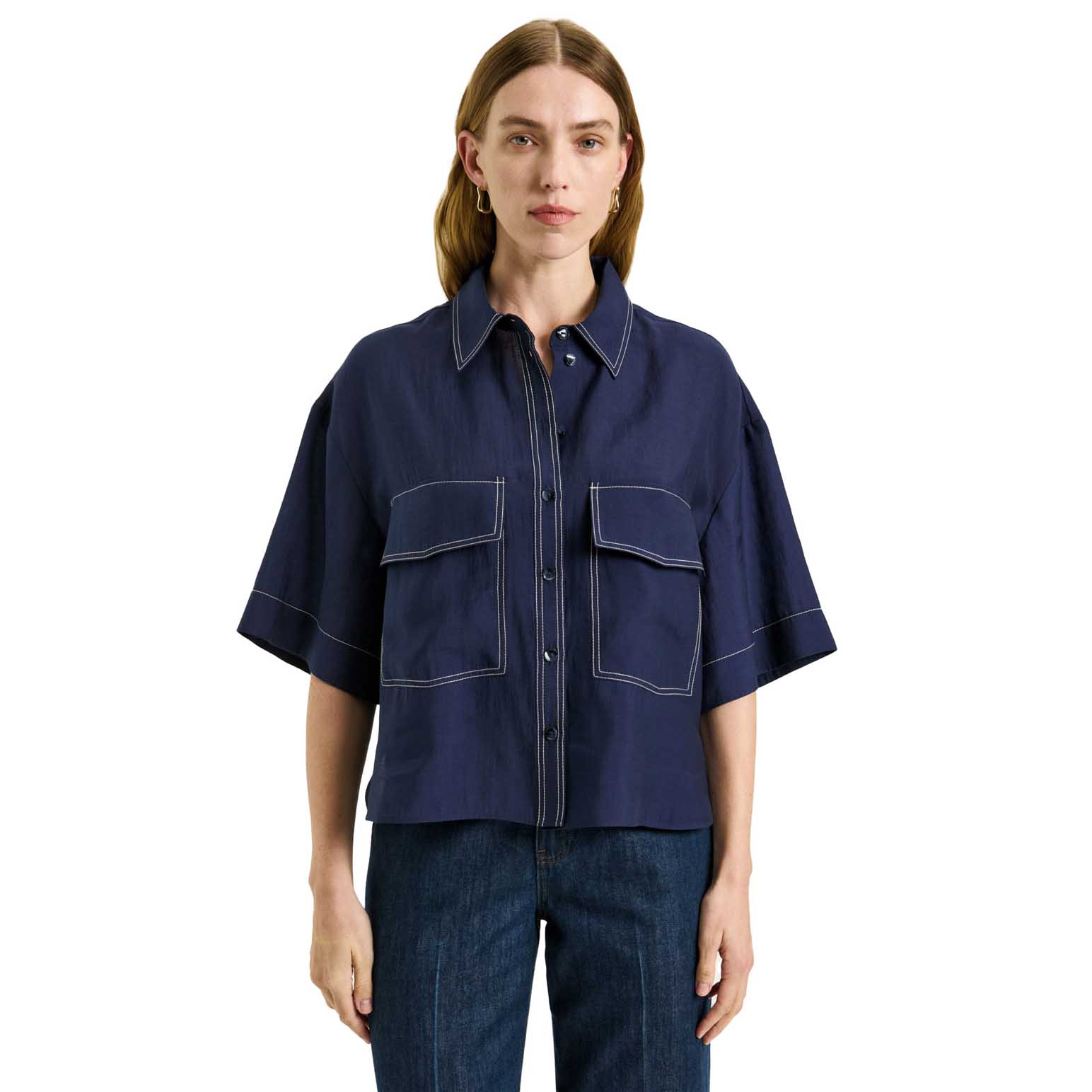 Veronika Maine Washer Tencel Topstitch Shirt